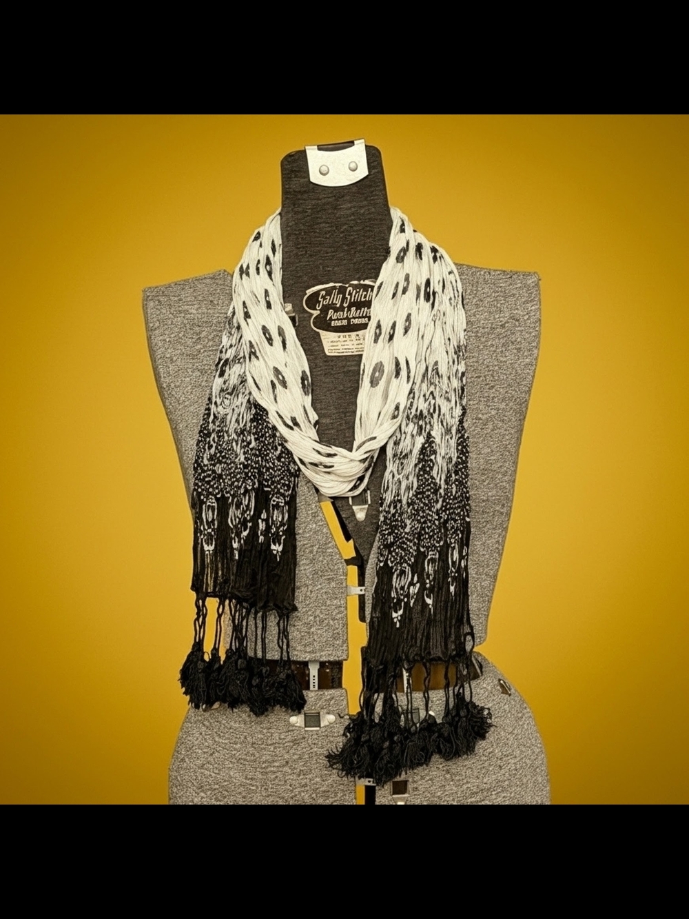 Stitches Black & White Skinny Fringe Scarf Ikat Lace Geometric Floral 80" Long